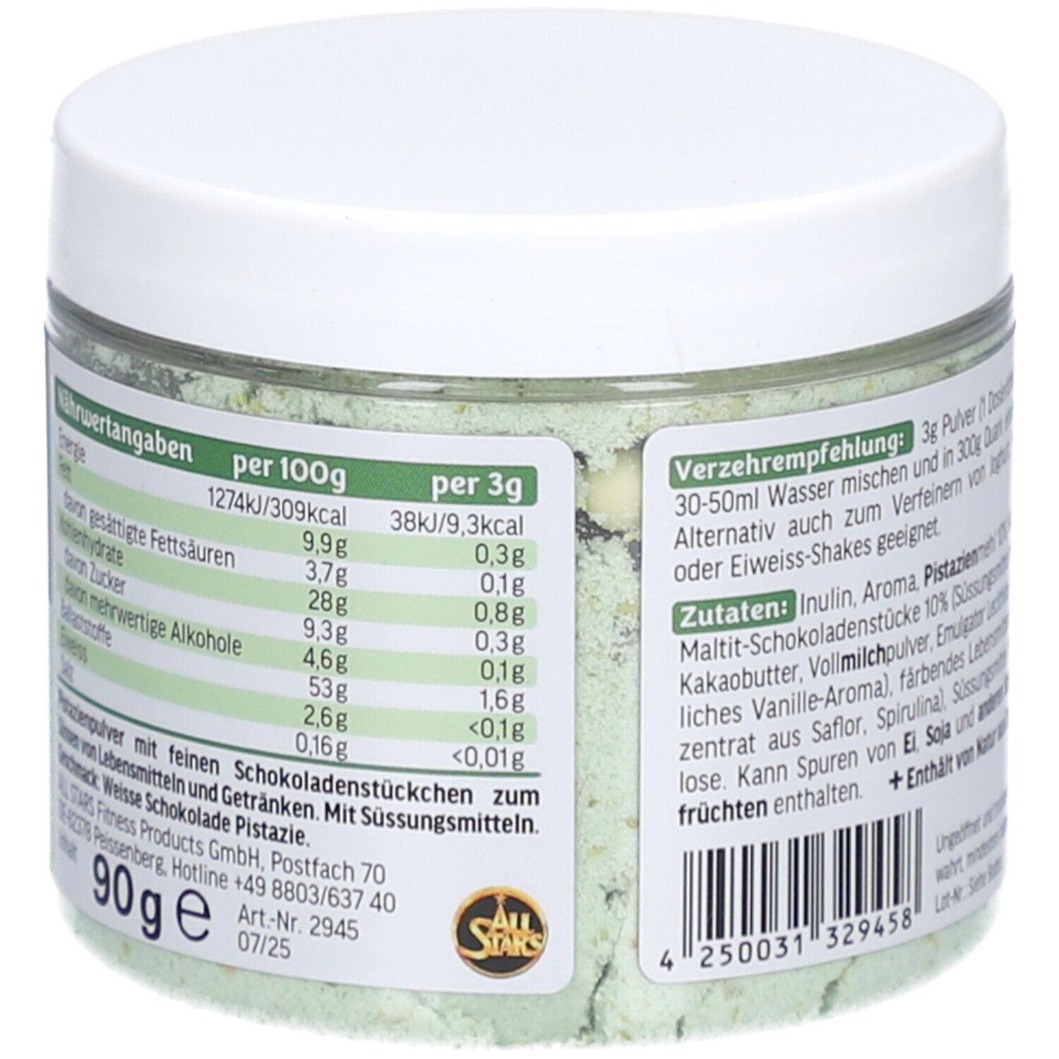 Glas mit weißem Deckel. Aufschrift: Flavor Powder White Chocolate Pistachio & Chunks. 90g Dose. Nährwertangaben auf der Rückseite.