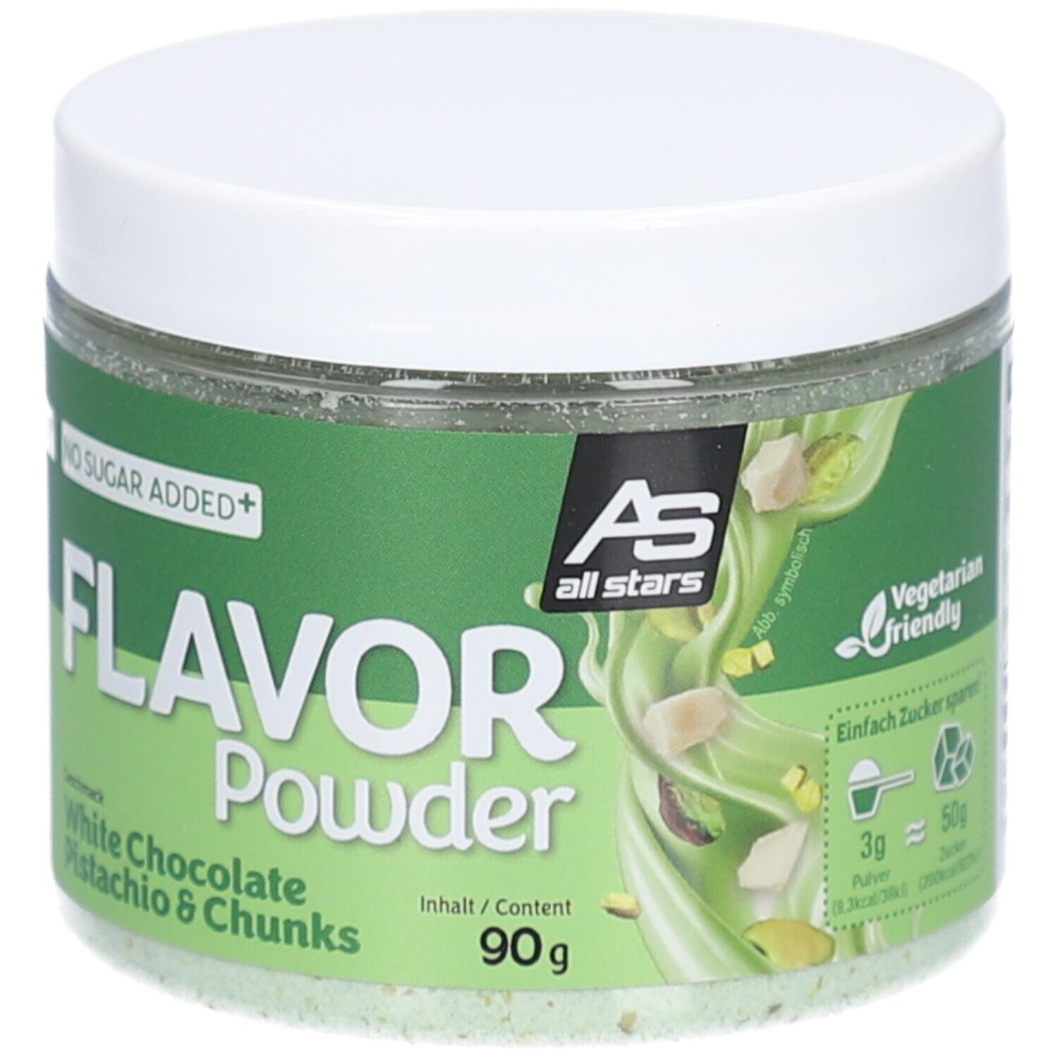 Glas mit weißem Deckel. Aufschrift: Flavor Powder White Chocolate Pistachio & Chunks. 90g Dose. Vegetarisch-freundlich.