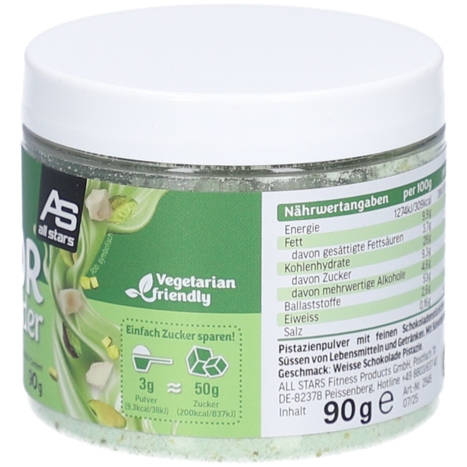Glas mit weißem Deckel. Aufschrift: Flavor Powder White Chocolate Pistachio & Chunks. 90g Dose. Nährwertangaben auf der Rückseite.