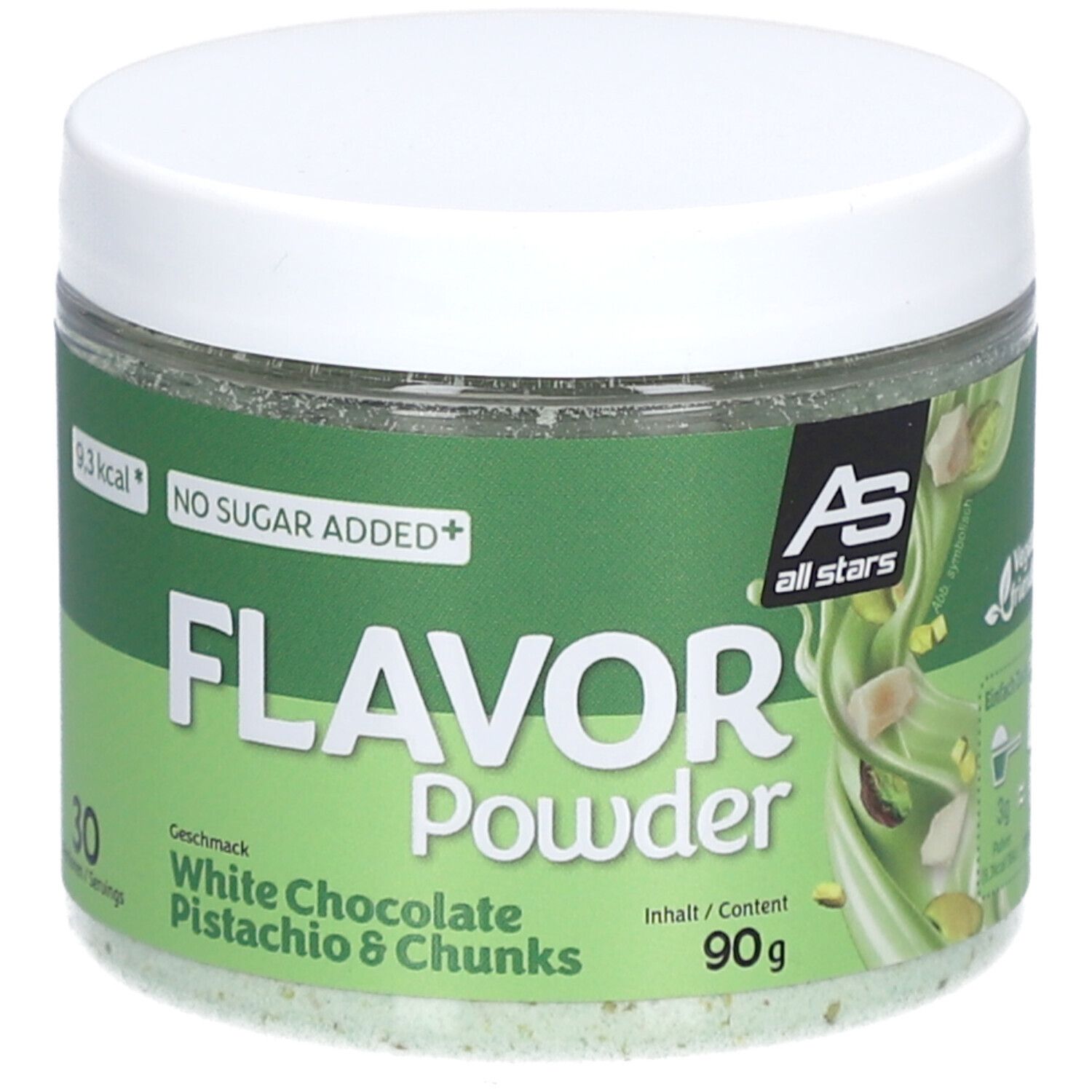 Glas mit weißem Deckel. Aufschrift: Flavor Powder White Chocolate Pistachio & Chunks. 90g Dose. Grün-weißes Etikett.