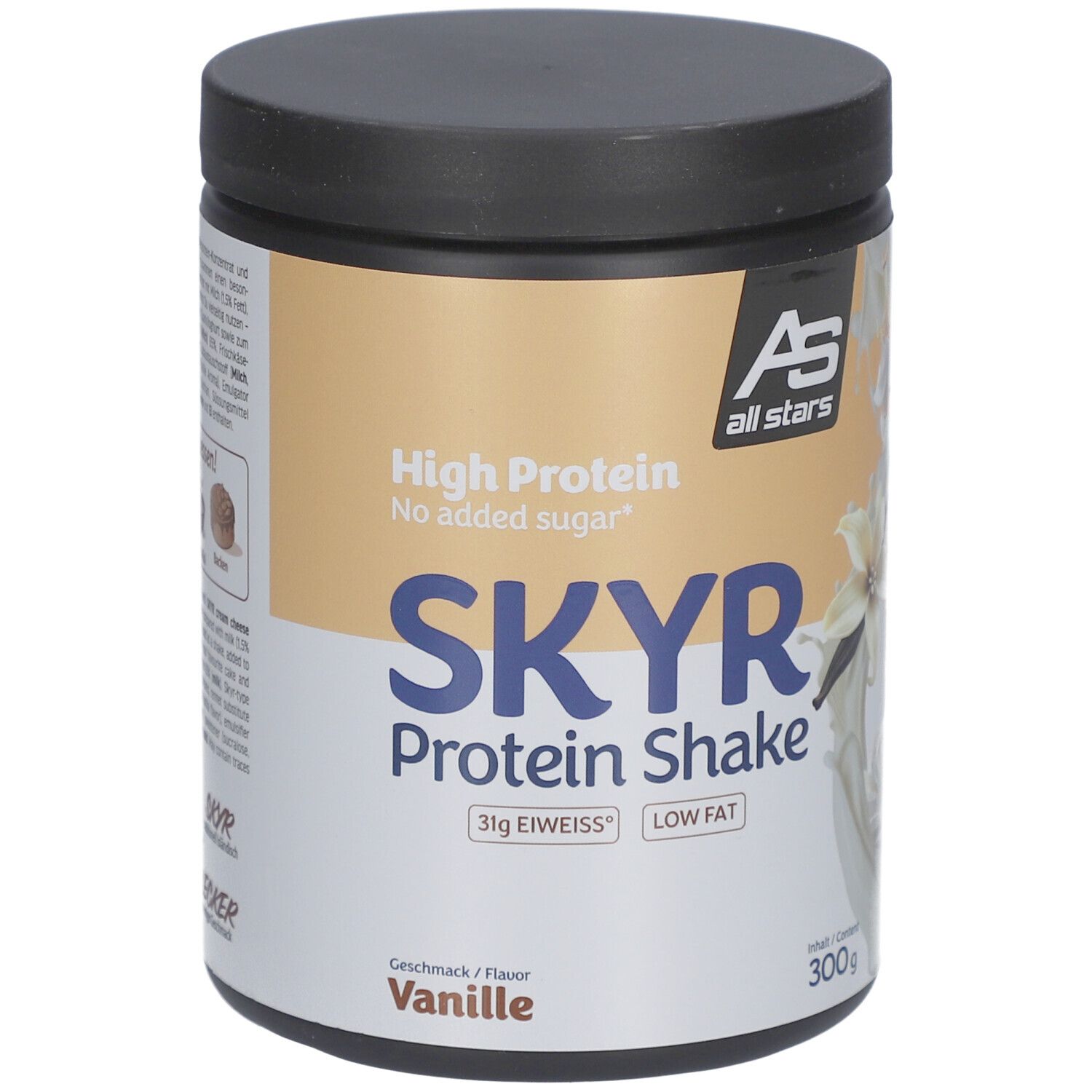 Dose SKYR Protein Shake Vanille. Schwarzer Deckel, weißes Etikett mit Text: High Protein, SKYR, 31g Eiweiß, Low Fat. 300g.
