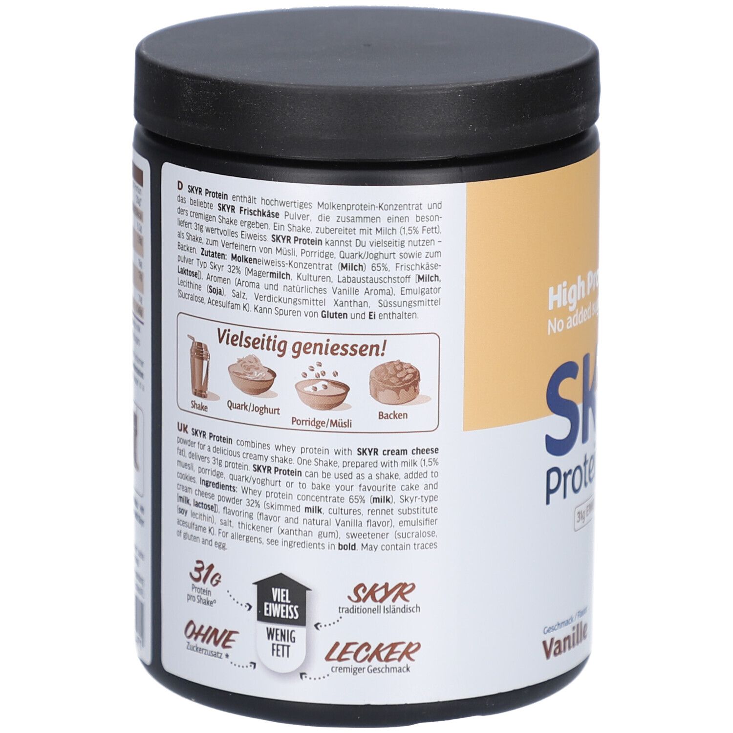 Rückseite der Dose SKYR Protein Shake Vanille. Text in Deutsch und Englisch. Abbildungen von Zubereitungsideen. Nährwertangaben.