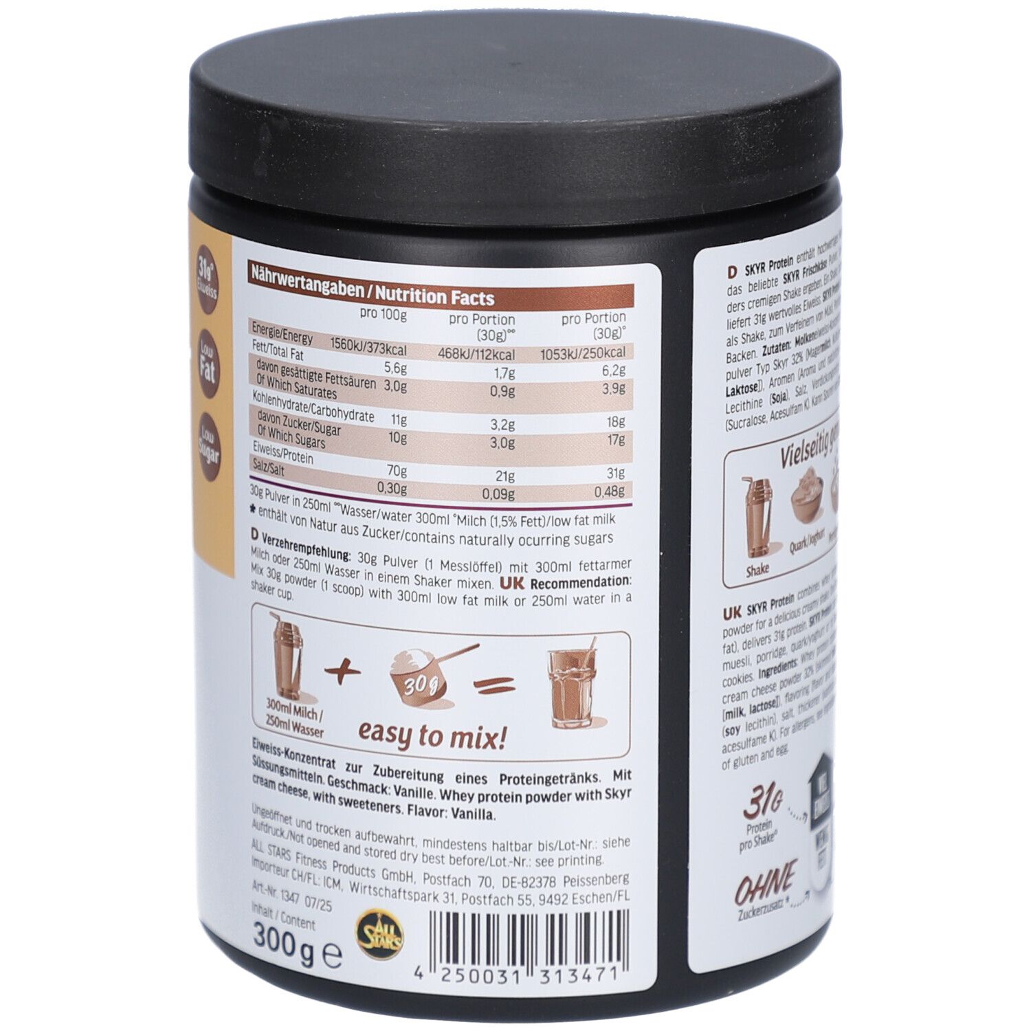 Rückseite der Dose SKYR Protein Shake Vanille. Nährwertangaben, Zubereitungshinweise. Text in Deutsch und Englisch. 300g.