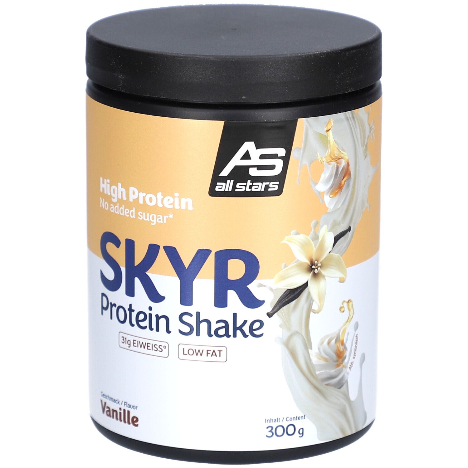 Dose SKYR Protein Shake Vanille. Schwarzer Deckel, weißes Etikett mit Text: High Protein, SKYR, 31g Eiweiß, Low Fat. 300g. Vanille-Dekoration.