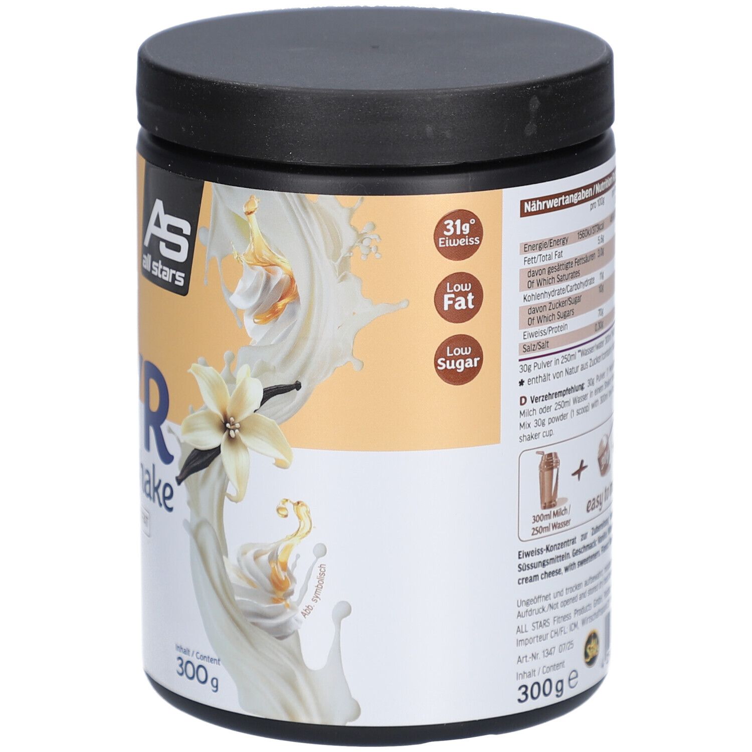 Dose SKYR Protein Shake Vanille. Schwarzer Deckel, weißes Etikett mit Text: High Protein, SKYR, 31g Eiweiß, Low Fat, Low Sugar. 300g.
