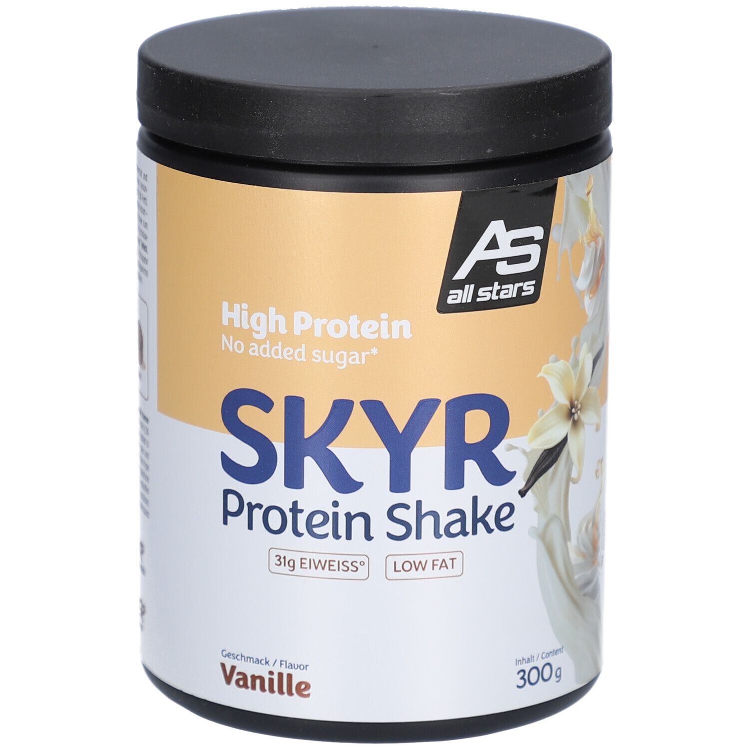 Dose SKYR Protein Shake Vanille. Schwarzer Deckel, weißes Etikett mit Text: High Protein, SKYR, 31g Eiweiß, Low Fat. 300g.