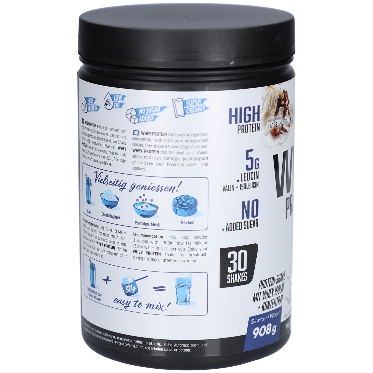 Rückseite der Dose. Text mit Nährwertangaben und Zubereitungshinweisen. "WHEY PROTEIN" und "908g" sind sichtbar.