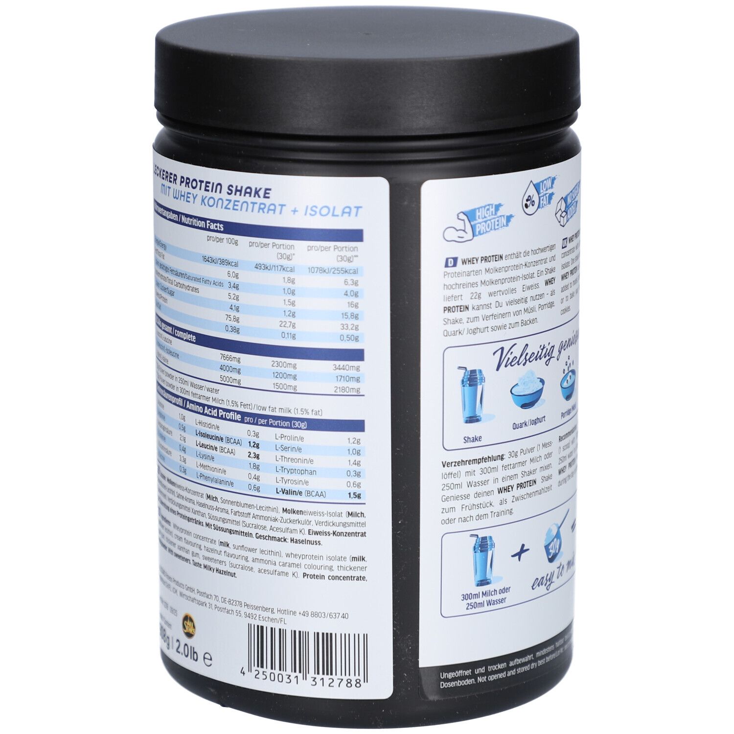 Rückseite der Dose mit Nährwertangaben und Aminosäureprofil. "WHEY PROTEIN" und "2.0lb" sind sichtbar.
