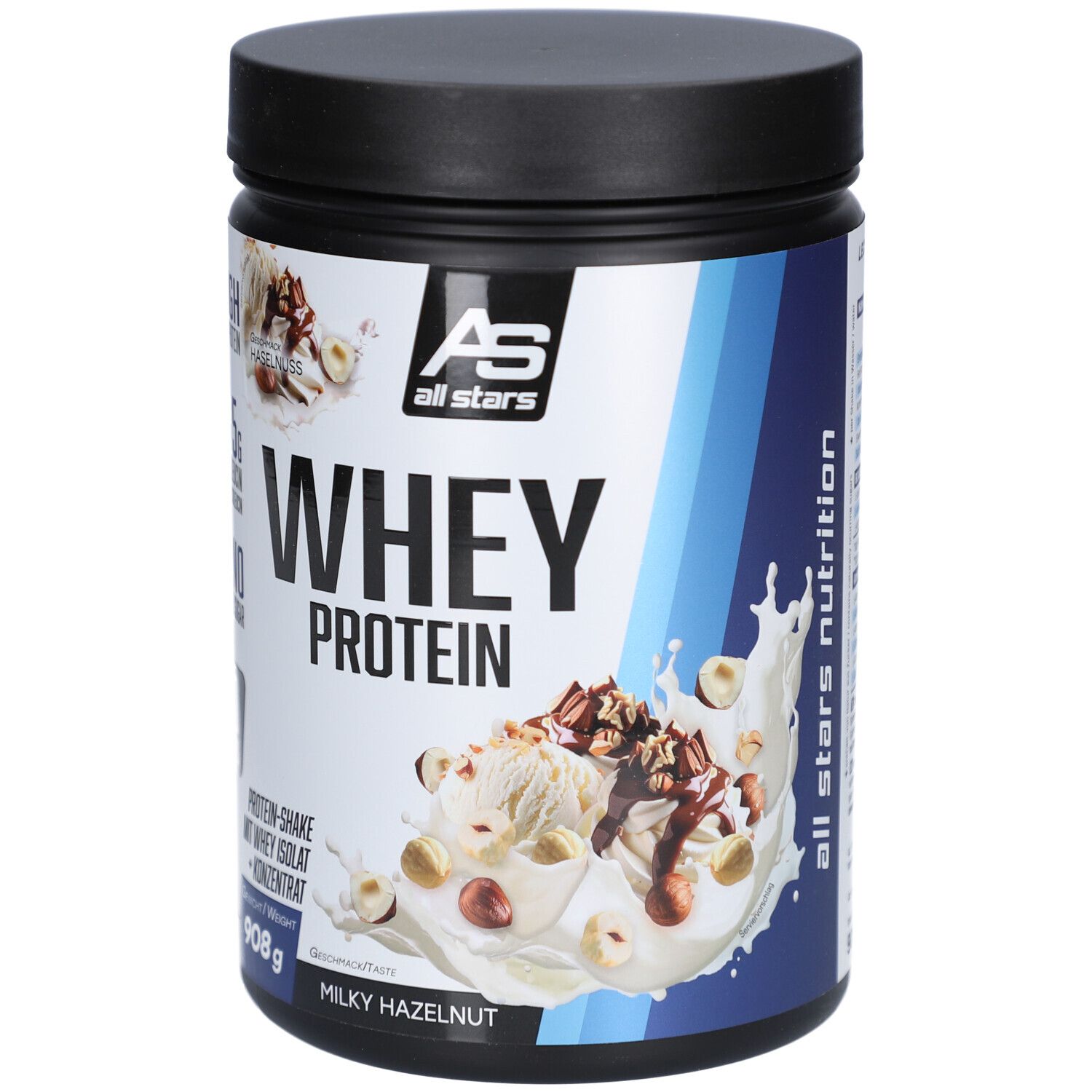 Schwarze Dose mit "WHEY PROTEIN" und "Milky Hazelnut". "all stars nutrition" Logo und "908g" sind sichtbar.