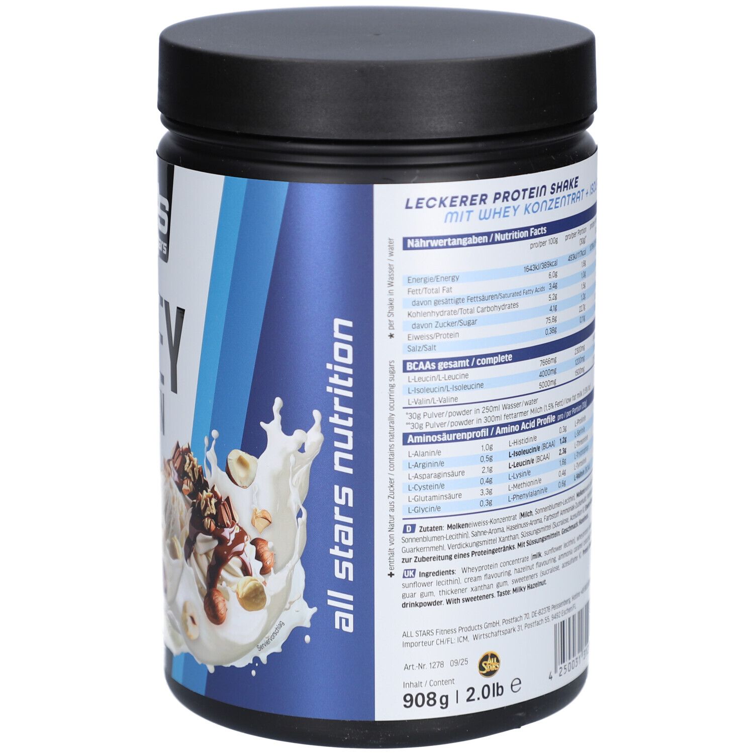 Rückseite der Dose mit Nährwertangaben. "all stars nutrition" Logo und "908g" sind sichtbar.
