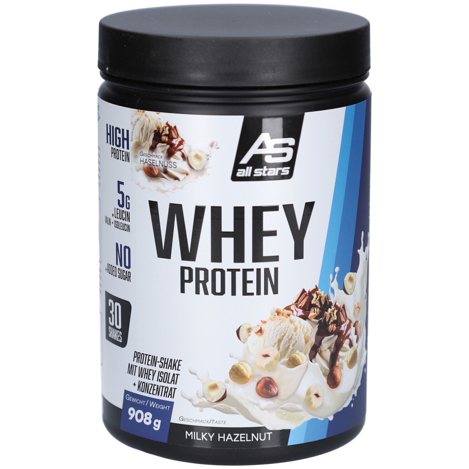 Schwarze Dose mit "WHEY PROTEIN" und "Milky Hazelnut". "all stars" Logo, "908g" und 30 Shakes sind sichtbar.