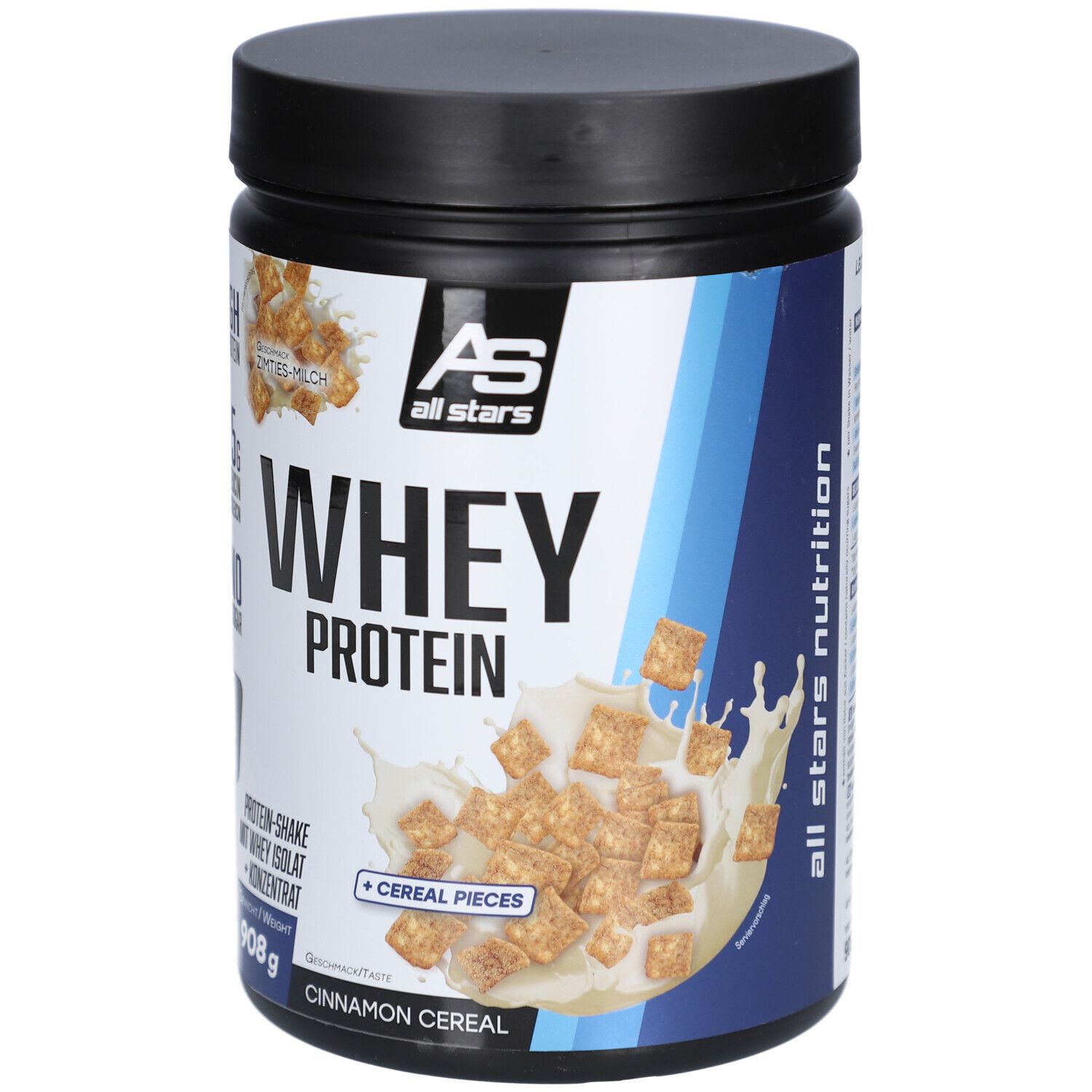 Schwarzer Behälter mit „WHEY PROTEIN“ Aufschrift. Enthält Zimt-Cerealien. Marke „all stars“. 908g Dose.