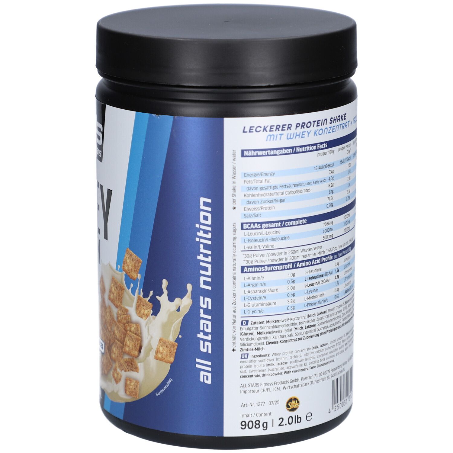 Rückseite des schwarzen Behälters. Nährwertangaben und Aminosäureprofil. 908g Dose.