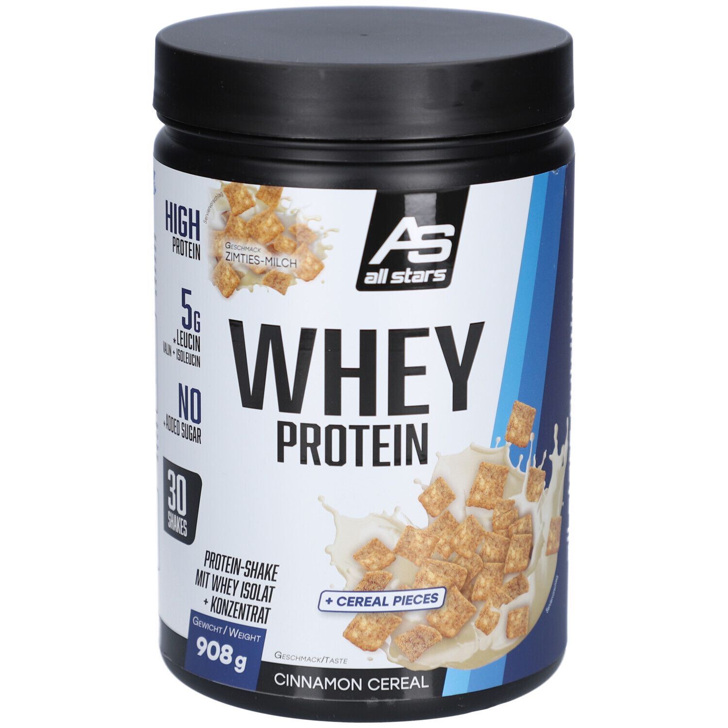Schwarzer Behälter mit „WHEY PROTEIN“ Aufschrift. Enthält Zimt-Cerealien. Marke „all stars“. 908g Dose.