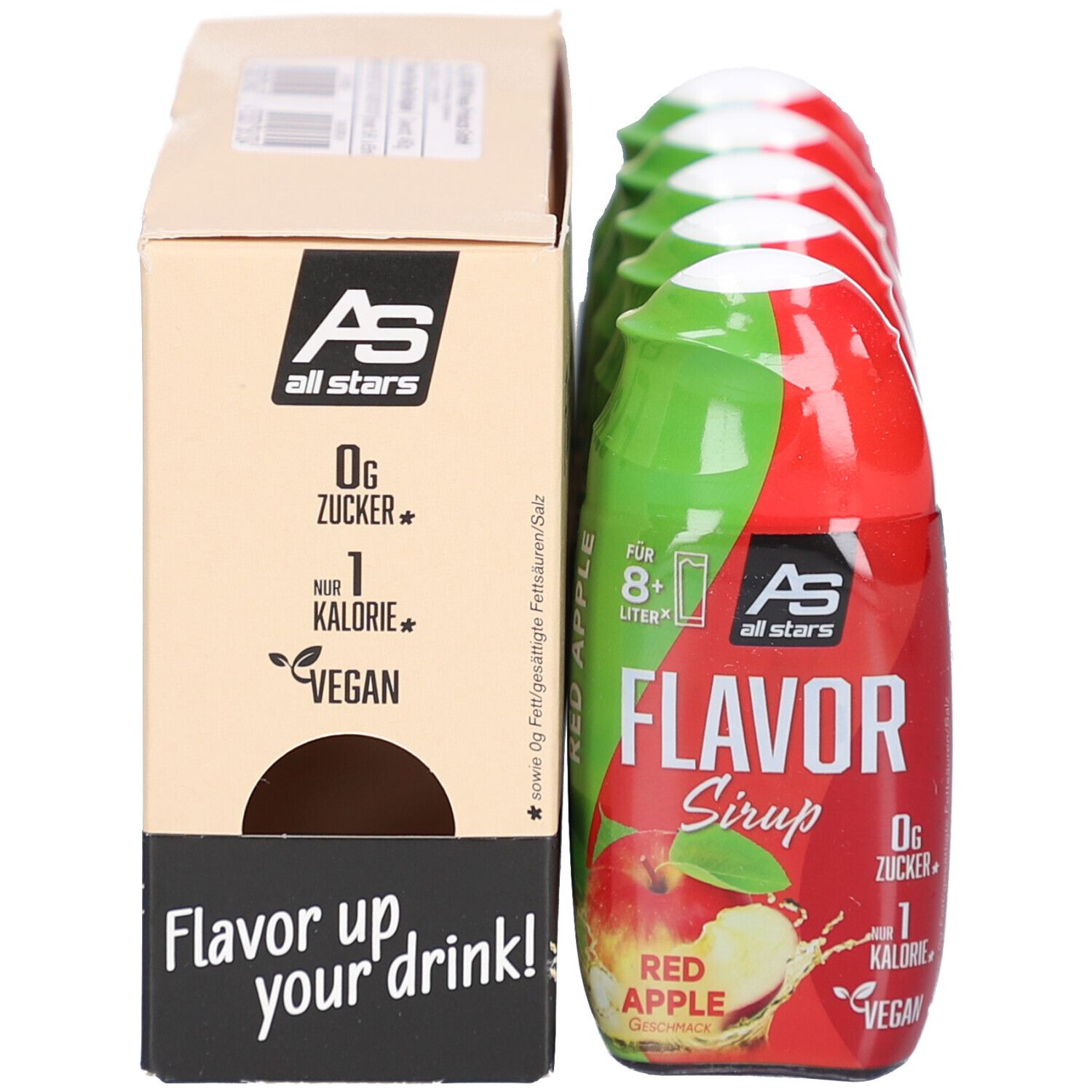 Karton mit Fläschchen. Aufschrift: Flavor up your drink! 0g Zucker, 1 Kalorie, Vegan. Fläschchen: Flavor Sirup Red Apple.