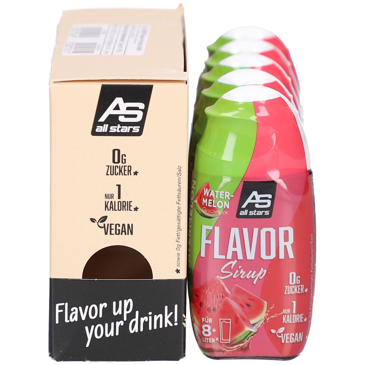 Produktverpackung mit 5 Flaschen Flavor Sirup Watermelon. Karton mit Logo, Produktinformationen und Flaschen.
