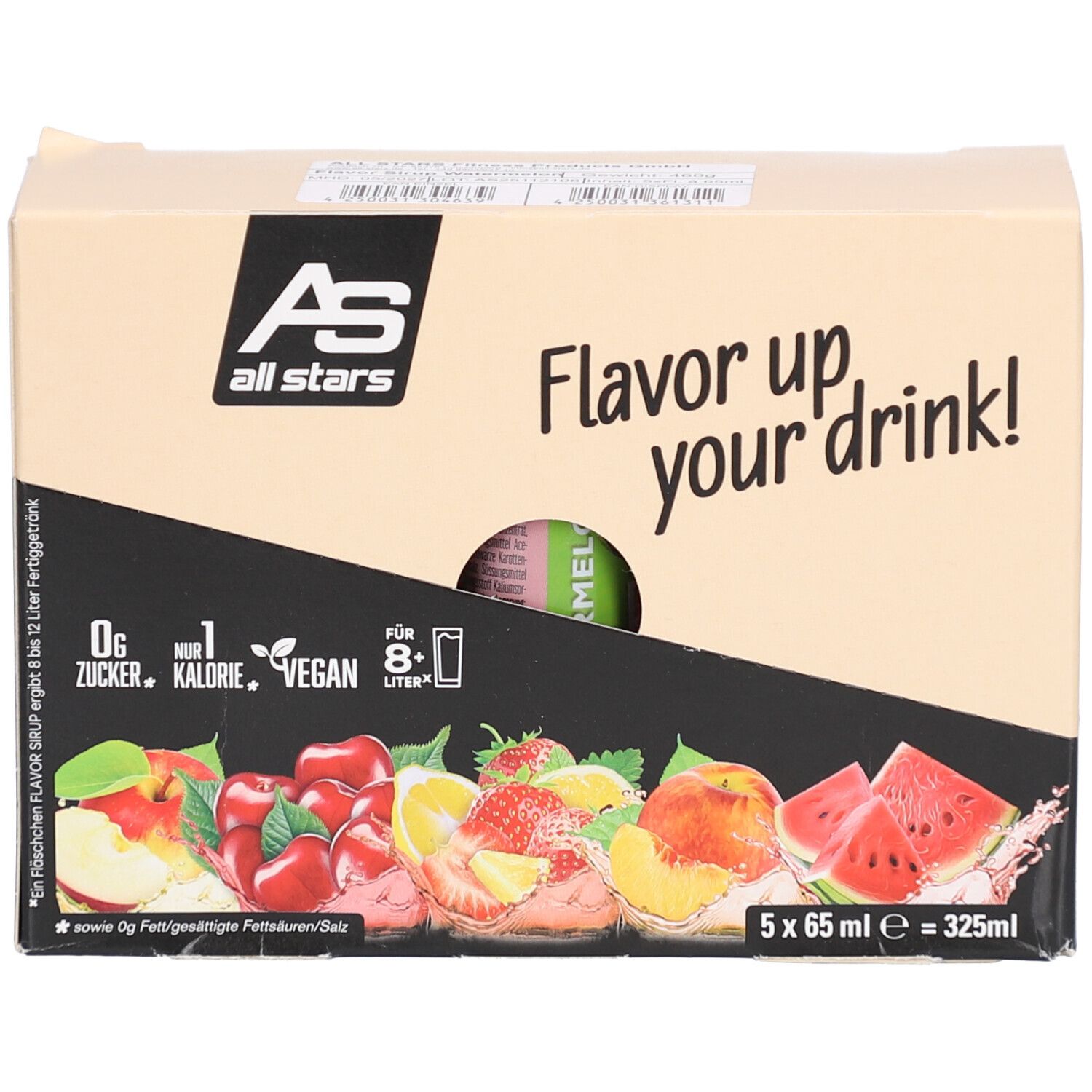 Karton mit 5 Flaschen Flavor Sirup. Logo, Produktinformationen und Abbildung von Früchten auf dem Karton.