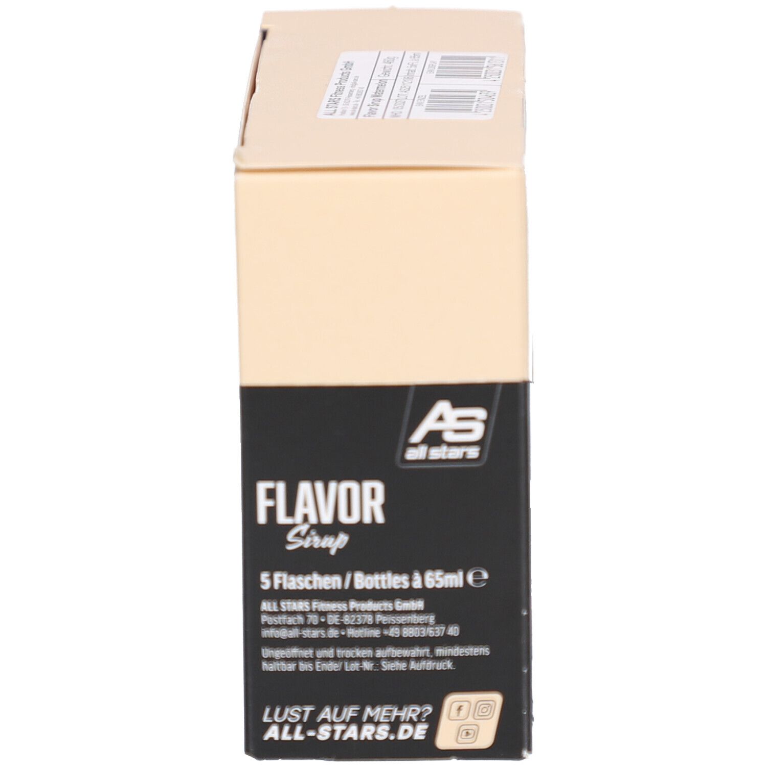 Produktverpackung mit 5 Flaschen Flavor Sirup. Karton mit Logo, Produktinformationen und Text.