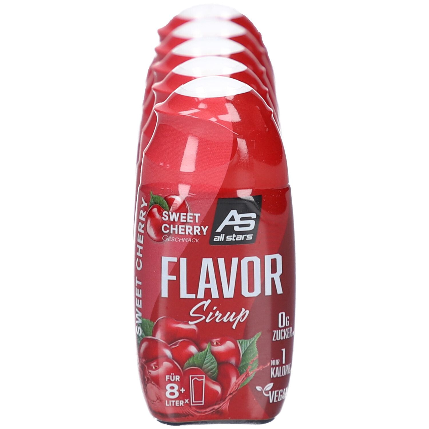 Packung mit 5 Flaschen Kirschsirup. Rote Flaschen mit weißem Deckel. Aufschrift: Flavor Sirup, Sweet Cherry, 0g Zucker.