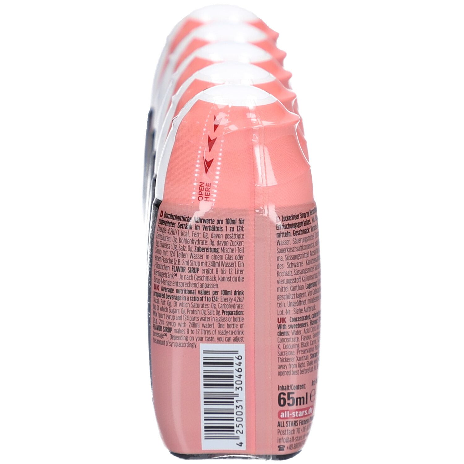 Rückseite einer Packung mit 5 Flaschen Kirschsirup. Rosa Flaschen. Aufschrift: 65ml, Zutaten, Nährwerte. Barcode.
