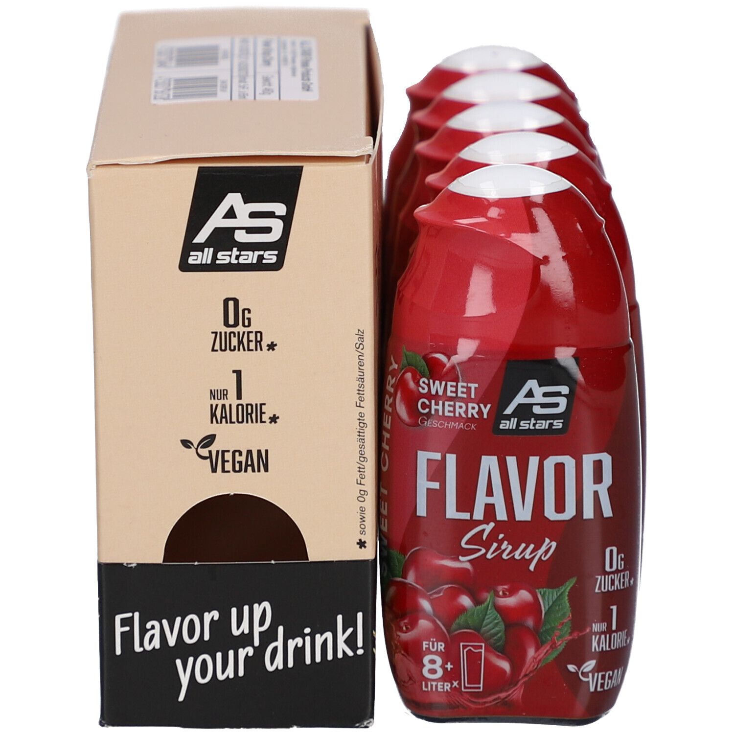 Packung mit 5 Flaschen Kirschsirup und Karton. Karton mit Aufschrift: Flavor up your drink!, 0g Zucker, vegan.