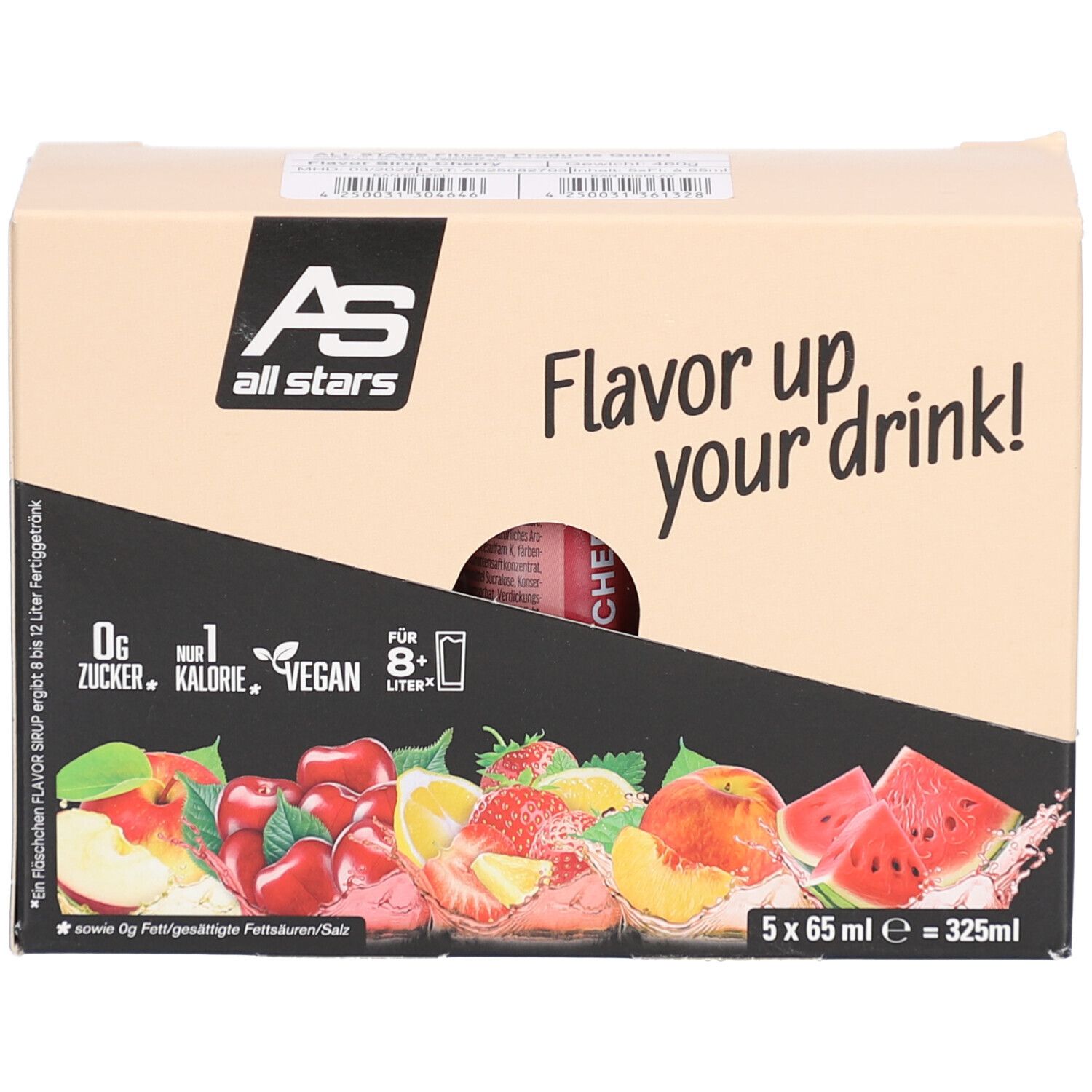 Karton mit 5 Flaschen Kirschsirup. Aufschrift: Flavor up your drink!, 0g Zucker, vegan. Abbildung von Früchten.
