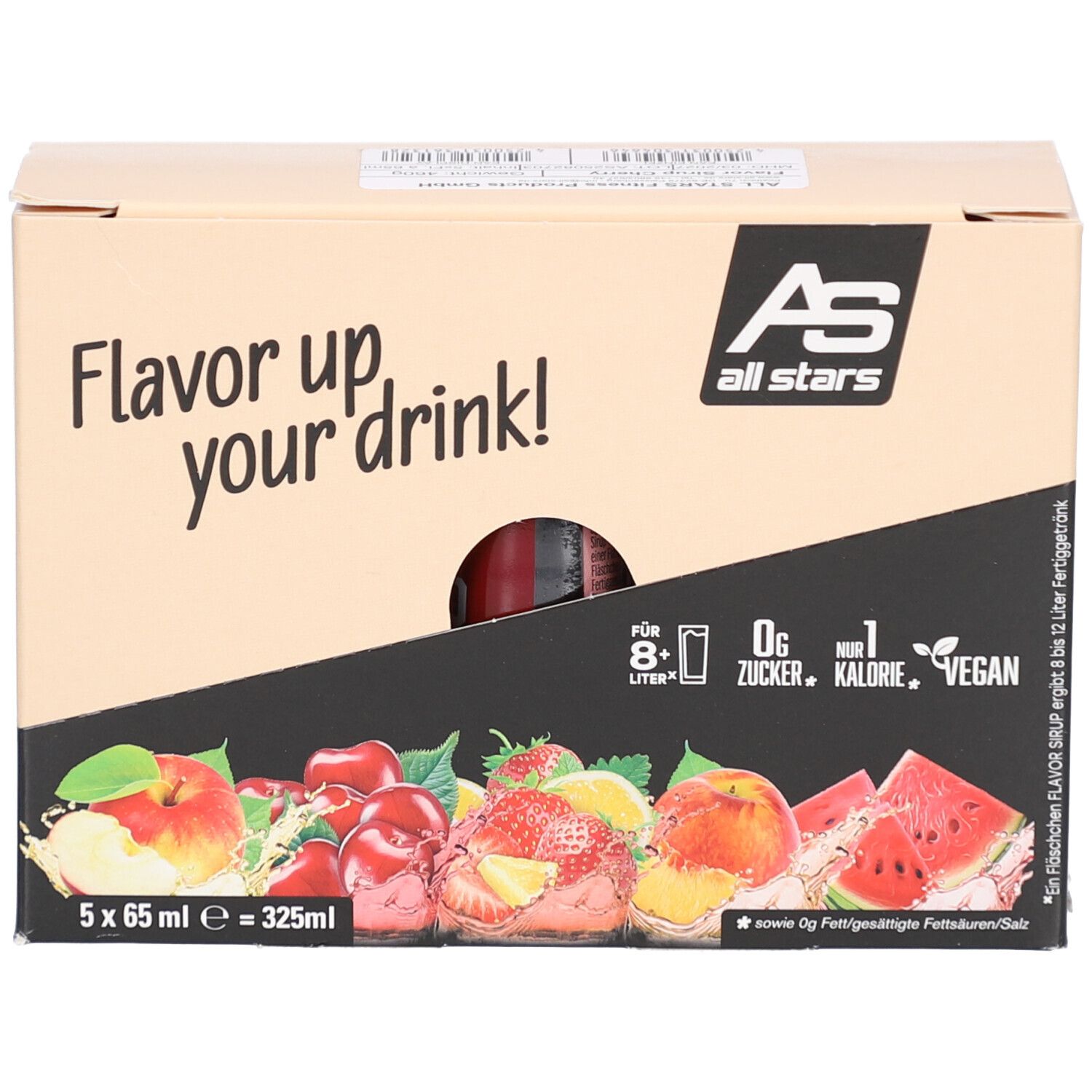 Karton mit 5 Flaschen Kirschsirup. Aufschrift: Flavor up your drink!, 0g Zucker, vegan. Abbildung von Früchten.