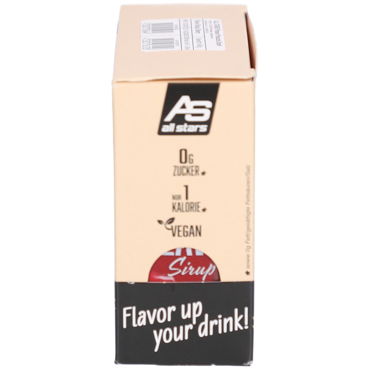 Karton mit Aufschrift: Flavor Sirup, 0g Zucker, vegan. Aufschrift: Flavor up your drink!