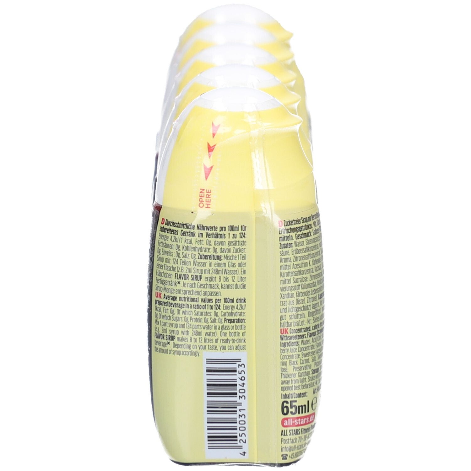 Rückseite der verpackten Sirup-Flaschen. Gelb-rosa Flaschen in transparenter Folie. Text in Deutsch. Barcode und Informationen zur Anwendung.