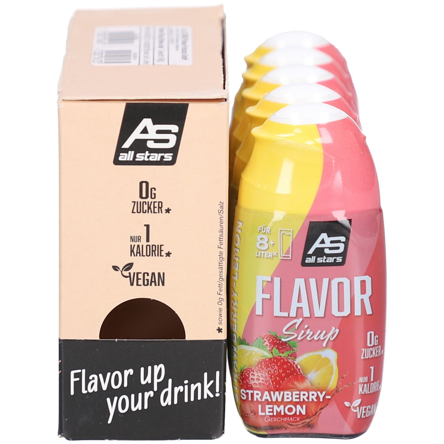 Verpackung mit Sirup-Flaschen. AS all stars, 0g Zucker, 1 Kalorie, vegan. Aufschrift: Flavor up your drink! Flaschen Erdbeer-Zitrone.
