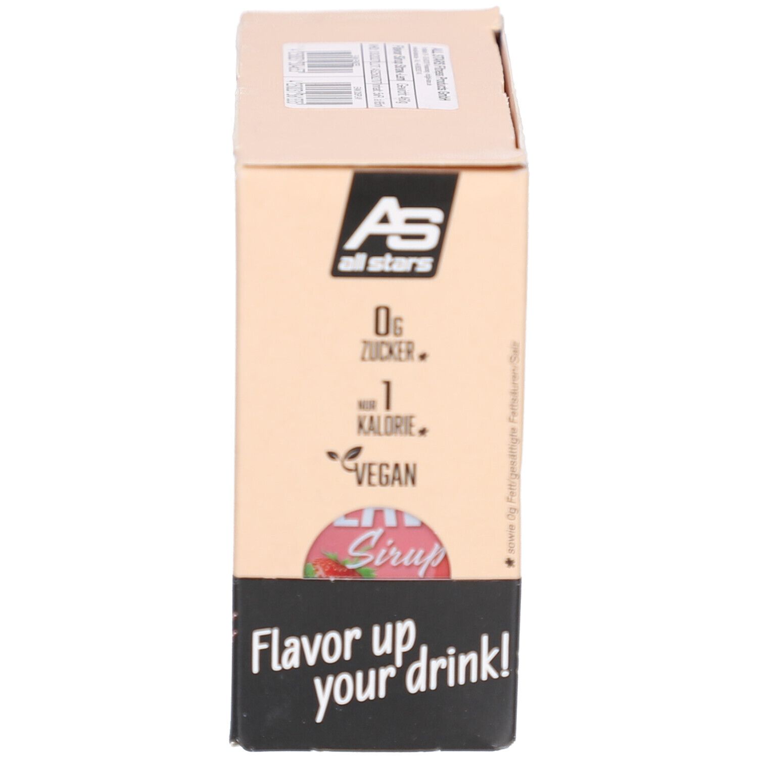 Karton mit Sirup-Flaschen. AS all stars, 0g Zucker, 1 Kalorie, vegan. Aufschrift: Flavor up your drink! Flaschen Erdbeer-Zitrone.