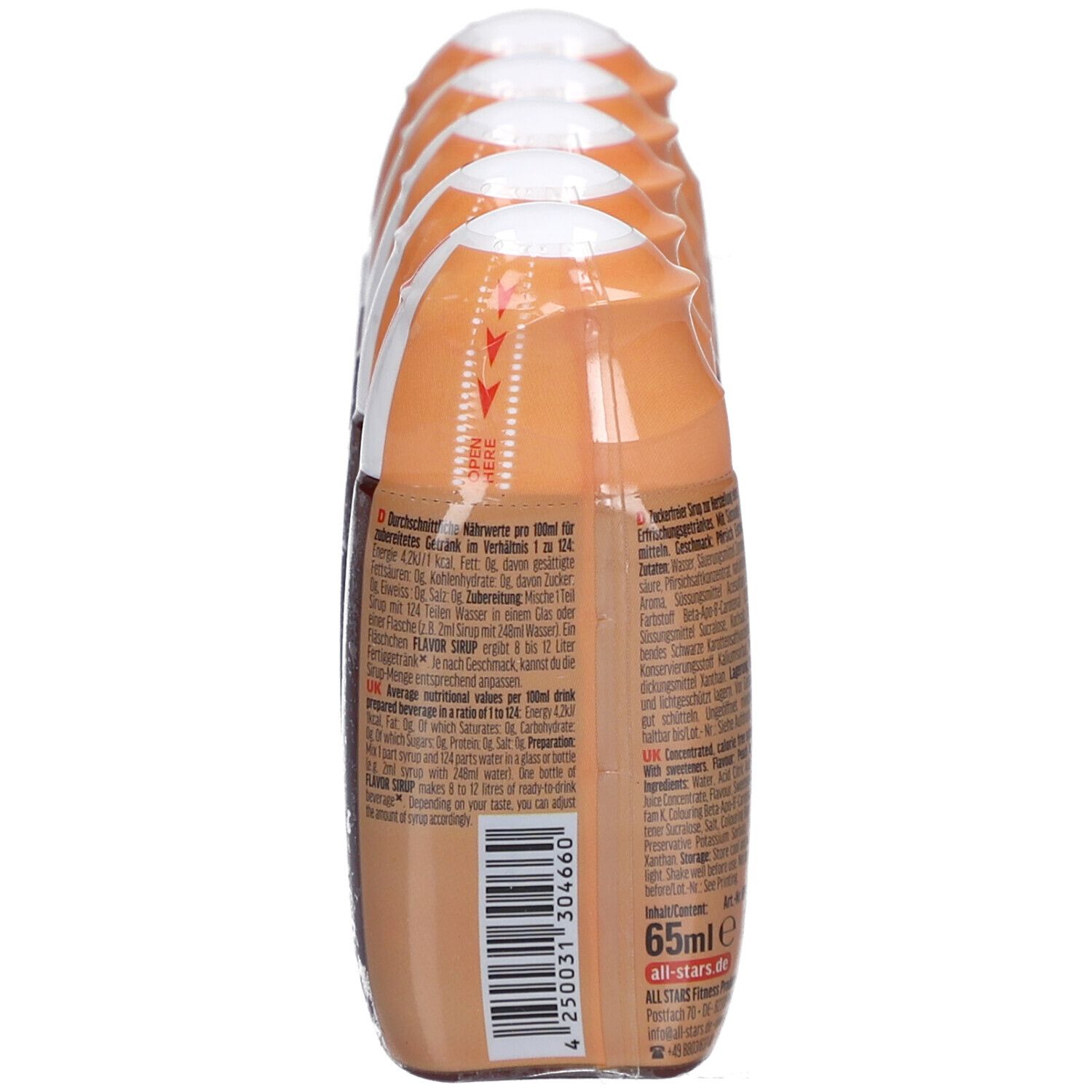 Rückseite von fünf Fläschchen Sirup, verpackt. Aufdruck mit Nährwertangaben, Inhaltsstoffen und Barcode. Flaschen sind braun.