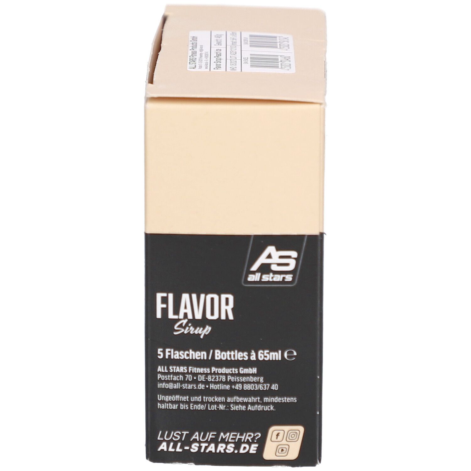 Karton mit Aufdruck: Flavor Sirup, 5 Flaschen à 65ml. Aufdruck: ALL STARS. Informationen zu Hersteller und Kontakt.