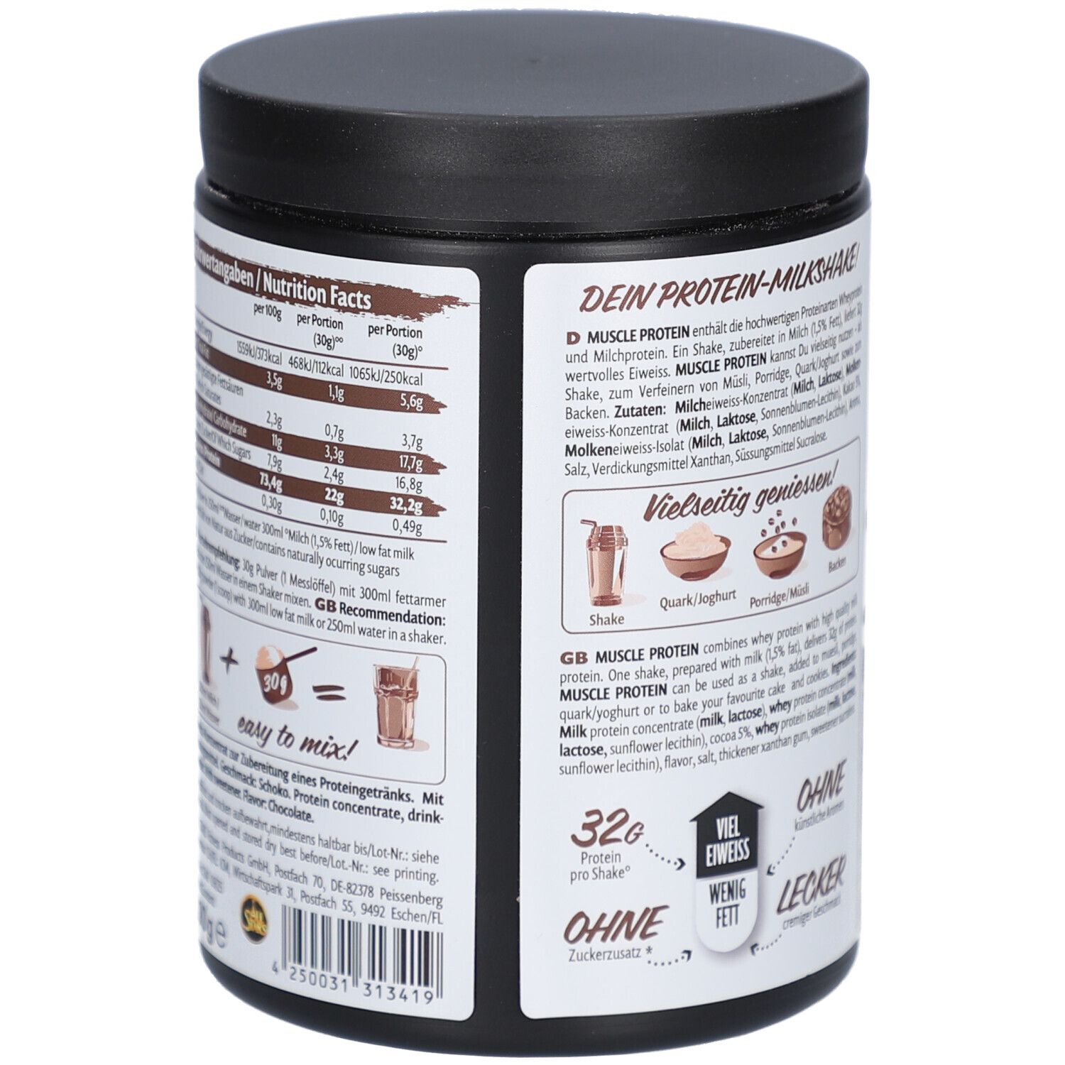 Dose mit schwarzem Deckel. Rückseite mit Nährwertangaben und Zubereitungshinweisen. Abbildungen von Shake, Porridge und Kuchen.