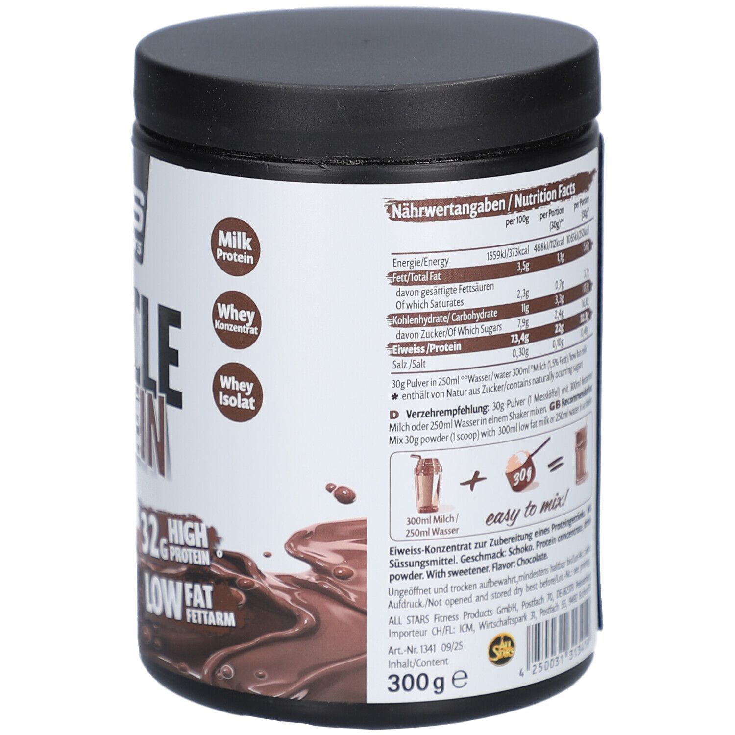 Dose mit schwarzem Deckel. Rückseite mit Nährwertangaben und Zubereitungshinweisen. Abbildung von Shake. Text in Deutsch.