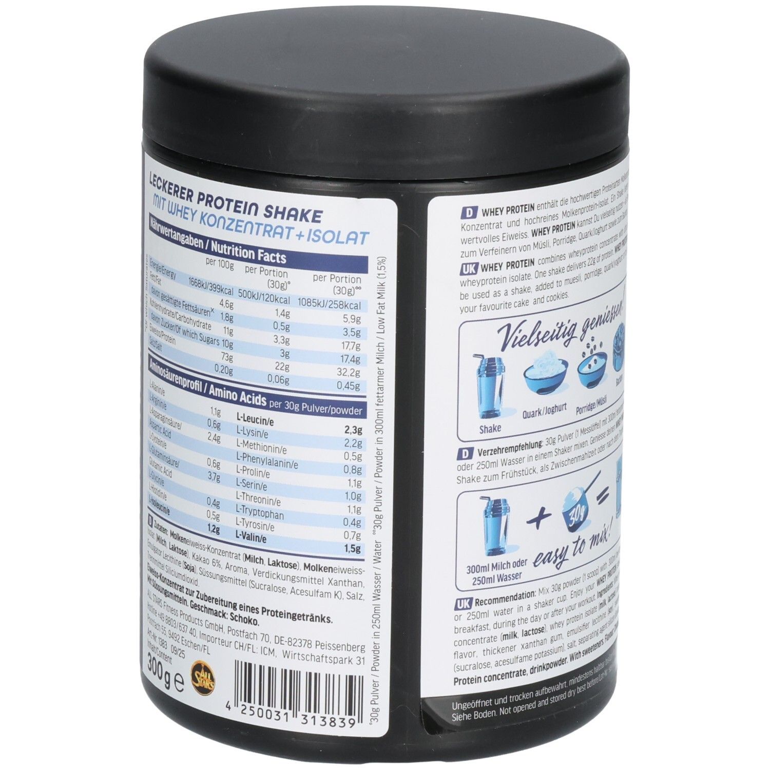 Whey Protein Dose. Rückseite mit Nährwertangaben und Aminosäurenprofil. 300g Dose. Text in Deutsch und Englisch.