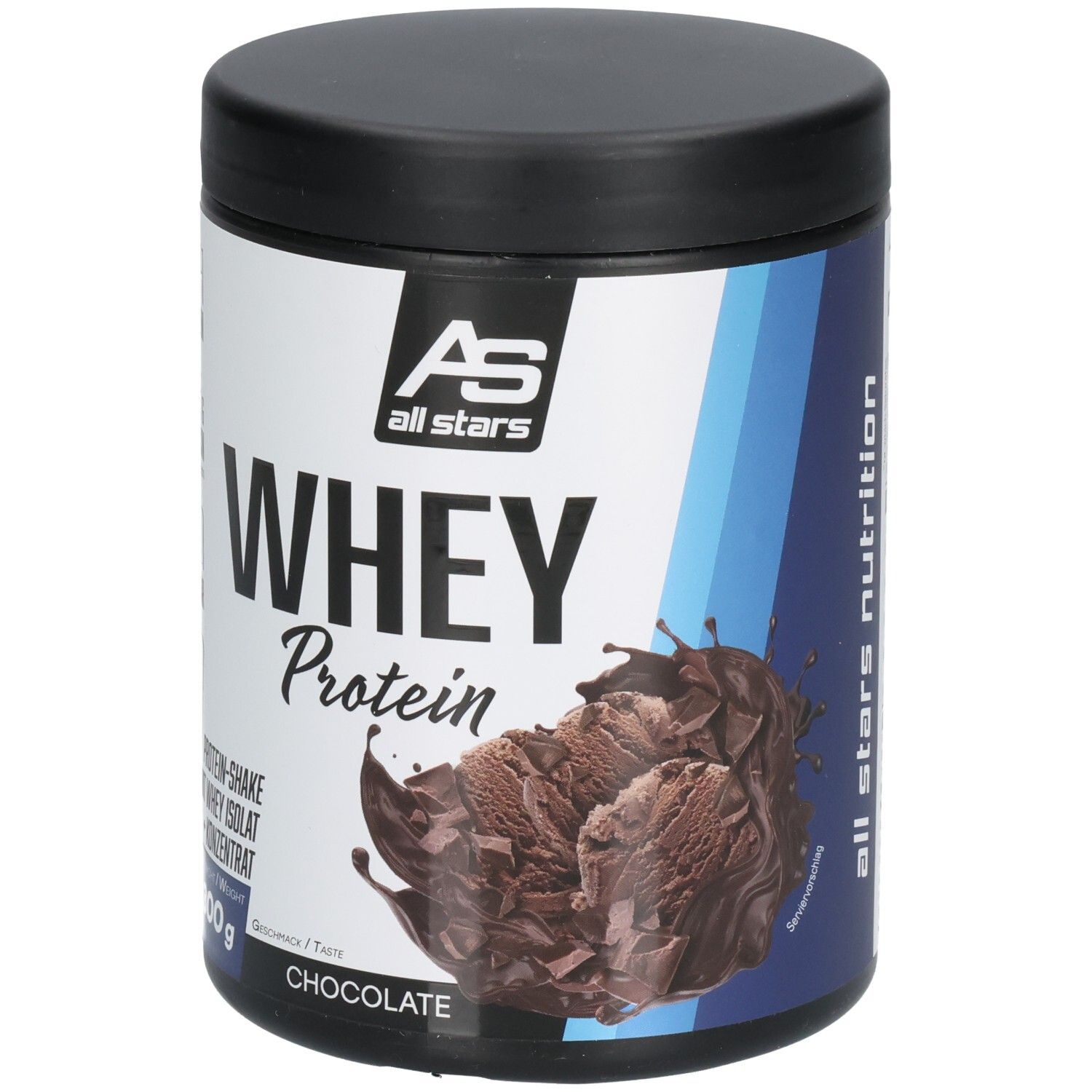 Whey Protein Dose. Schwarzer Deckel, weißes Etikett mit blauen Akzenten. Aufschrift: Whey Protein, Chocolate, 300g. AS All Stars Logo.