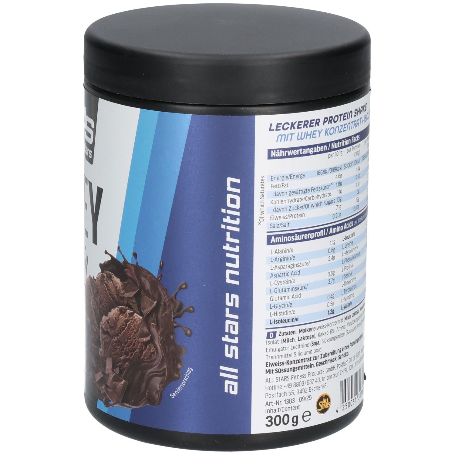 Whey Protein Dose. Rückseite mit Nährwertangaben und Aminosäurenprofil. 300g Dose. Text in Deutsch und Englisch.