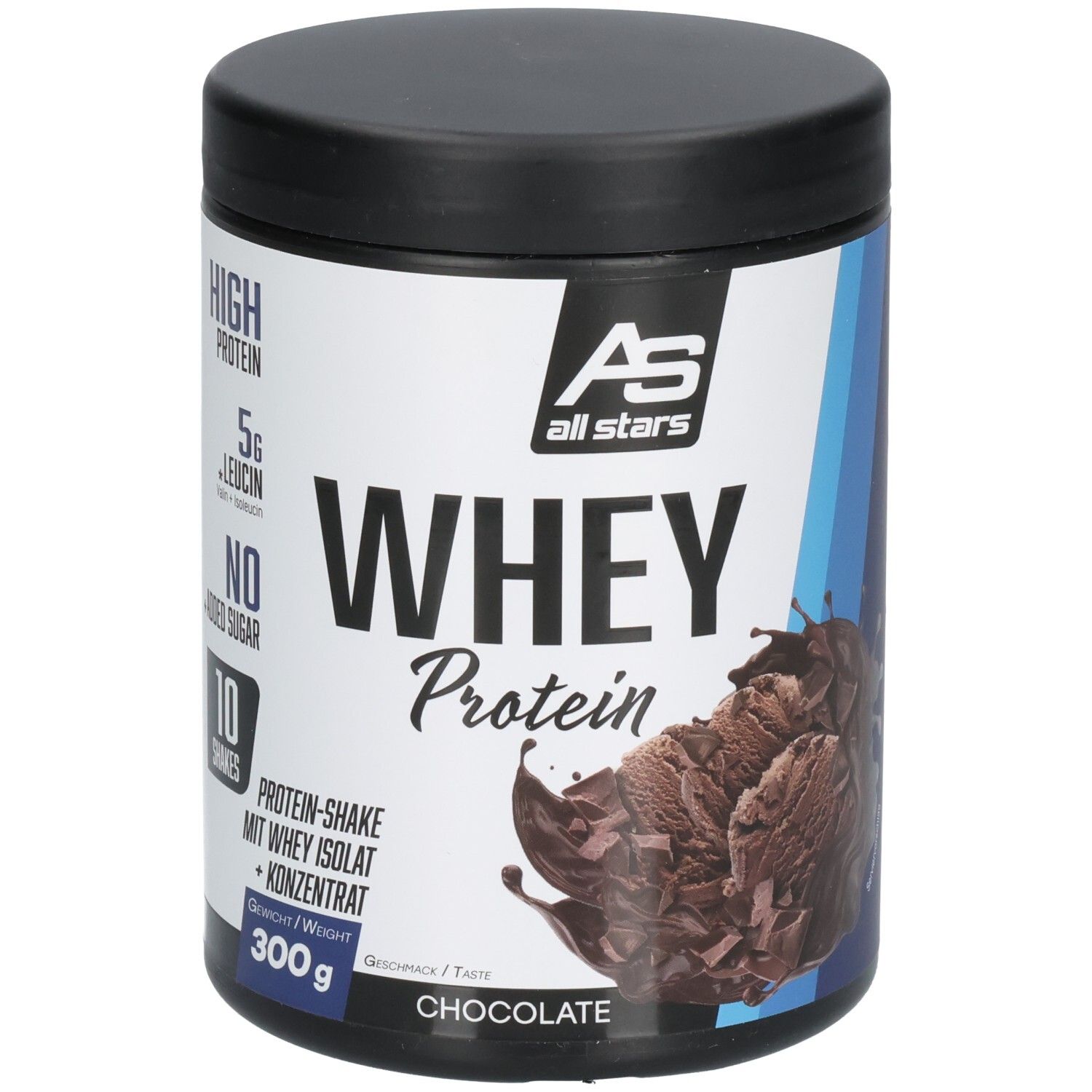 Whey Protein Dose. Schwarzer Deckel, weißes Etikett mit blauen Akzenten. Aufschrift: Whey Protein, Chocolate, 300g. AS All Stars Logo.