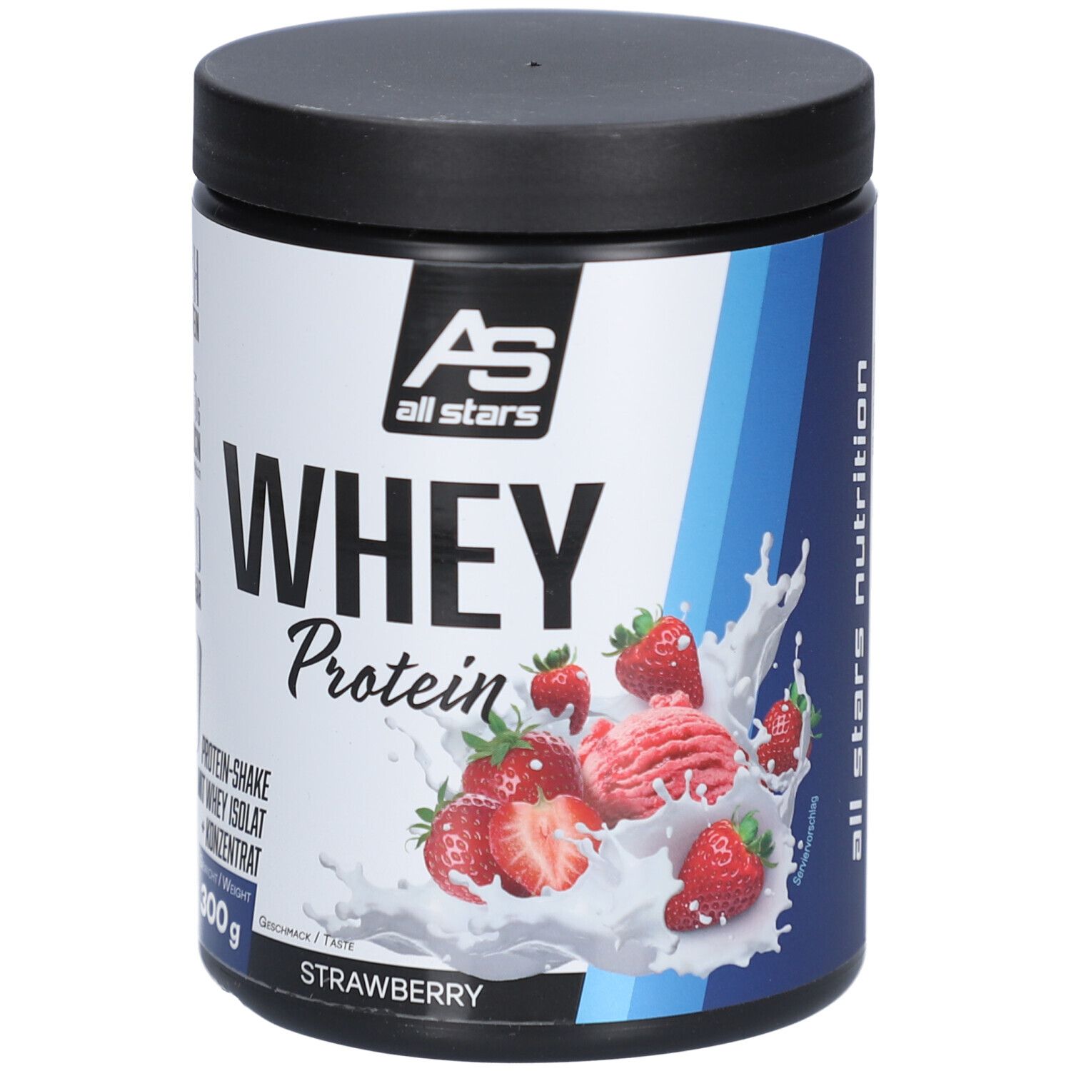 Runde Dose mit schwarzem Deckel. Aufschrift: Whey Protein, Erdbeere. Enthält 300g. Marke: All Stars.