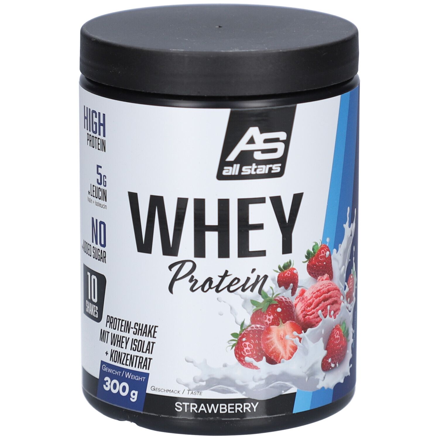 Runde Dose mit schwarzem Deckel. Aufschrift: Whey Protein, Erdbeere. Enthält 300g. Marke: All Stars.