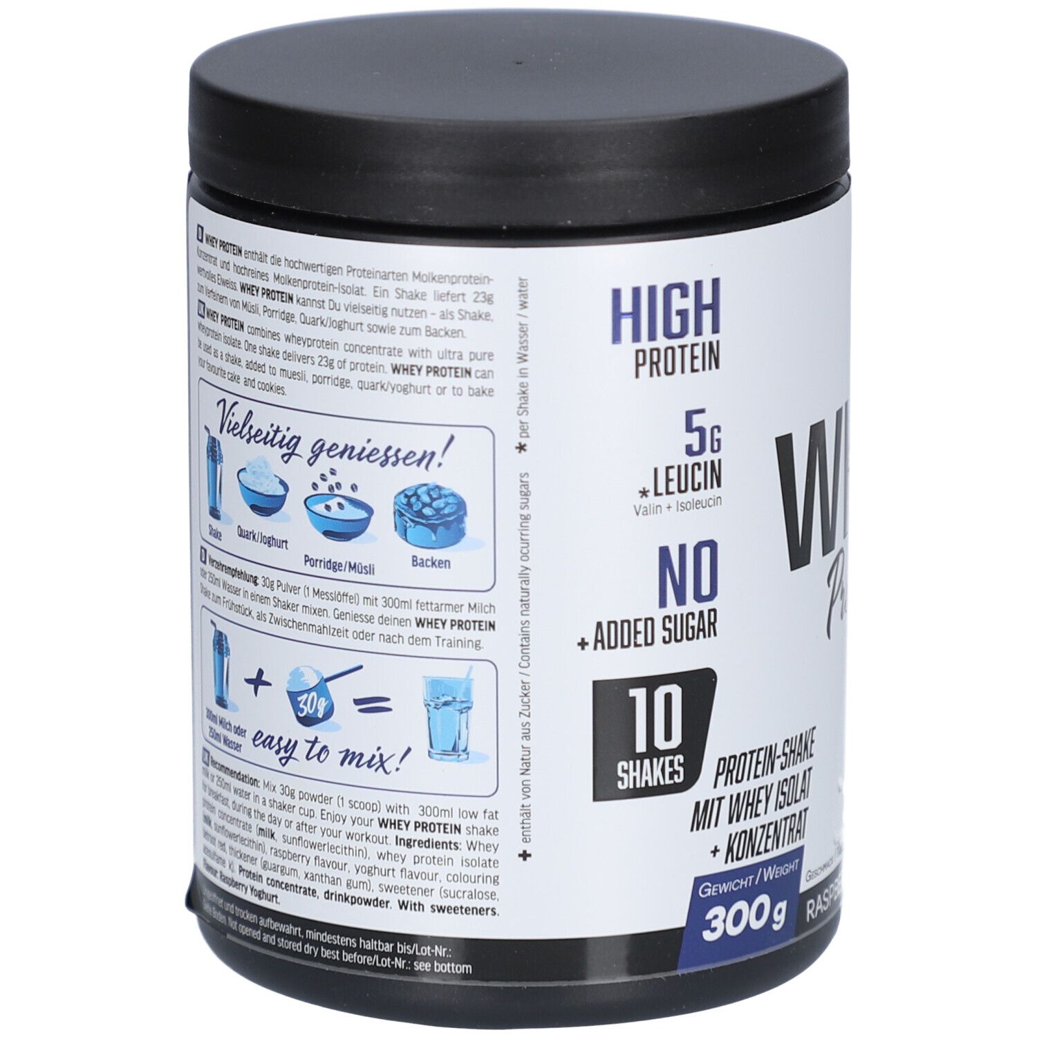 Whey Protein Raspberry Yoghurt Dose mit Produktinformationen. Enthält 300g. Mit High Protein, 5g Leucin, kein Zuckerzusatz. 10 Portionen.