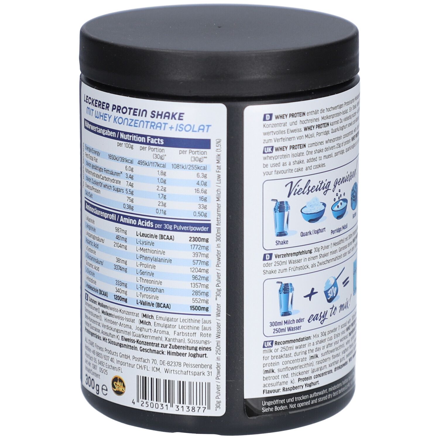 Rückseite der Whey Protein Raspberry Yoghurt Dose. Enthält Nährwertangaben und Aminosäuren. 300g.
