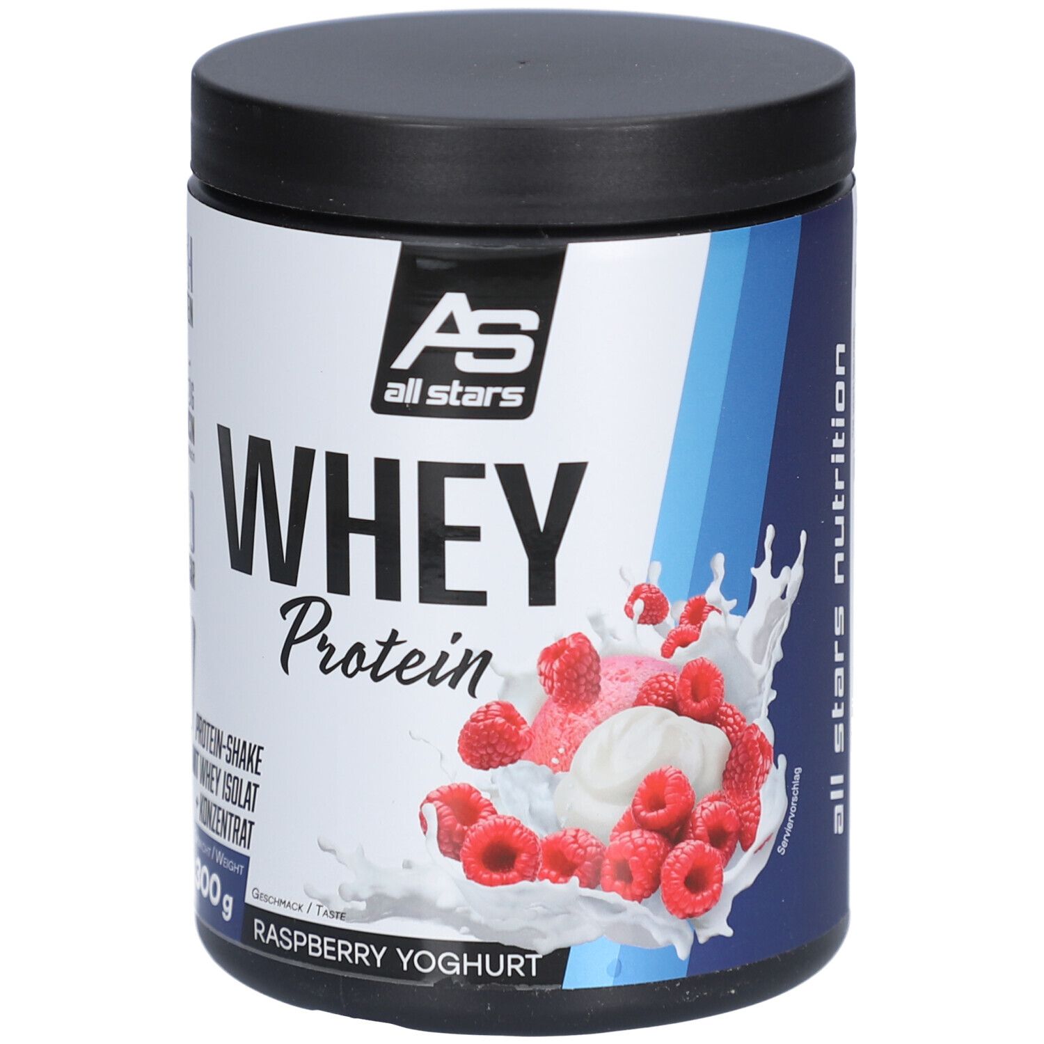Whey Protein Raspberry Yoghurt Dose. 300g. Mit All Stars Logo. Mit High Protein, 5g Leucin, kein Zuckerzusatz. 10 Portionen.