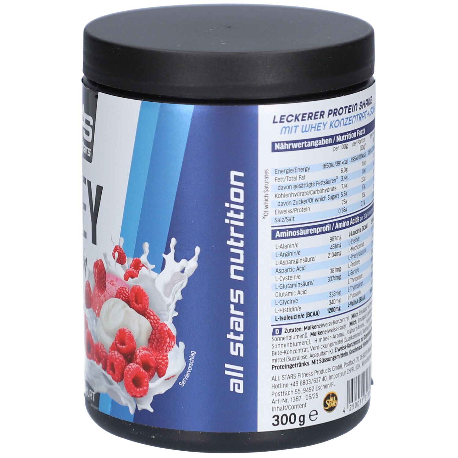 Rückseite der Whey Protein Raspberry Yoghurt Dose. Enthält Nährwertangaben und Aminosäuren. 300g. Mit All Stars Logo.