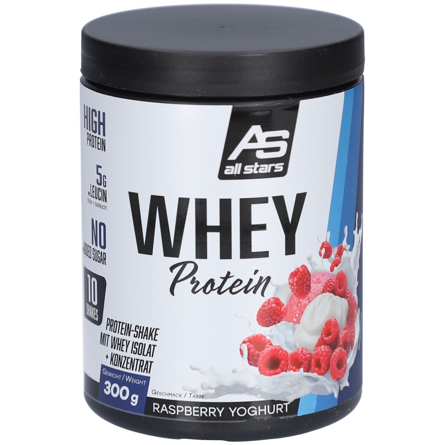 Whey Protein Raspberry Yoghurt Dose. 300g. Mit High Protein, 5g Leucin, kein Zuckerzusatz. 10 Portionen. Mit All Stars Logo.