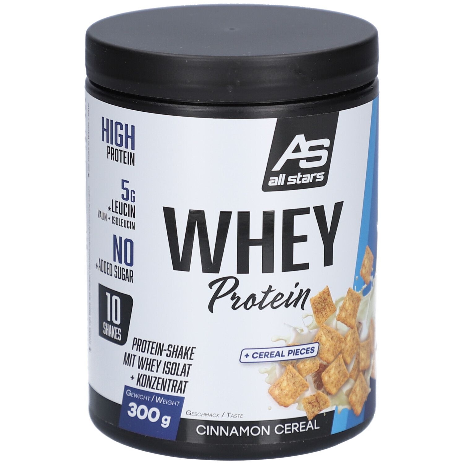 Whey Protein-Behälter. Schwarzer Deckel, weißes Etikett mit Text: High Protein, 5g Leucin, kein Zuckerzusatz, 10 Shakes, 300g, Zimt-Cereal.