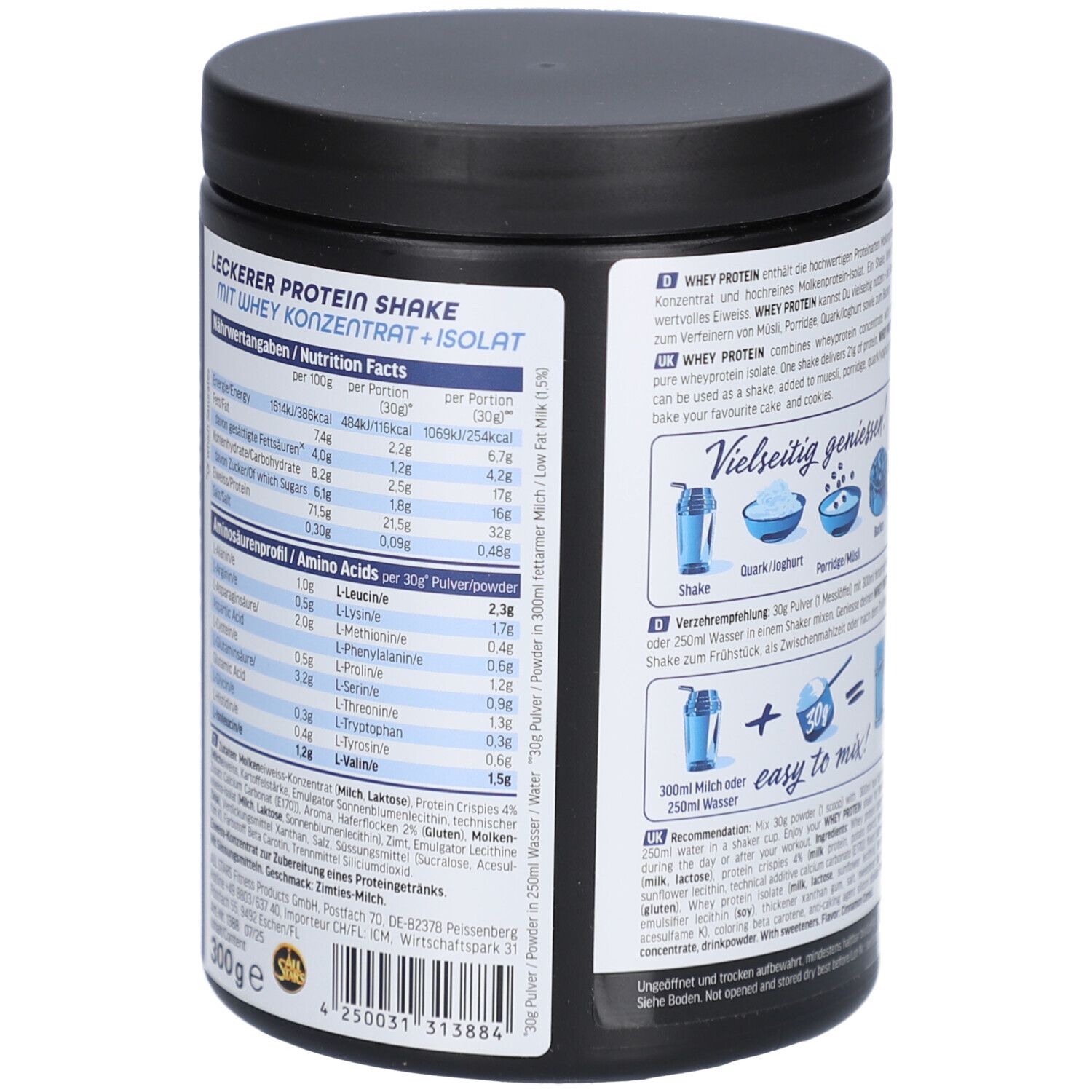 Whey Protein-Behälter. Schwarzer Deckel, Etikett mit Nährwertangaben und Aminosäuren. Text in Deutsch.