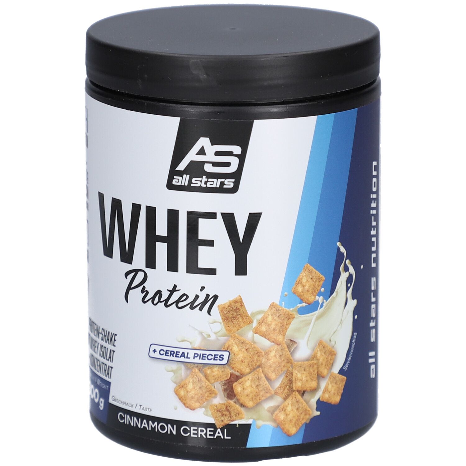 Whey Protein-Behälter. Schwarzer Deckel, weißes Etikett mit Text und Abbildung von Cereal-Stücken in Milch. Blaue Akzente.