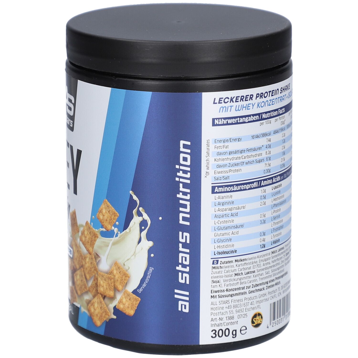 Whey Protein-Behälter. Schwarzer Deckel, Etikett mit Nährwertangaben und Aminosäuren. Abbildung von Cereal-Stücken in Milch.